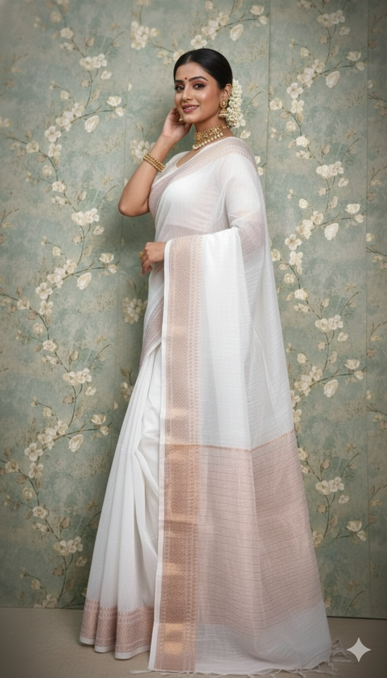 SAREEN White Mangalagiri Cotton Saree with Gold Zari Border – Timeless Elegance