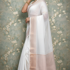 SAREEN White Mangalagiri Cotton Saree with Gold Zari Border – Timeless Elegance