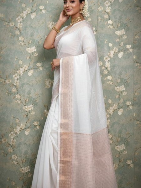 SAREEN White Mangalagiri Cotton Saree with Gold Zari Border – Timeless Elegance