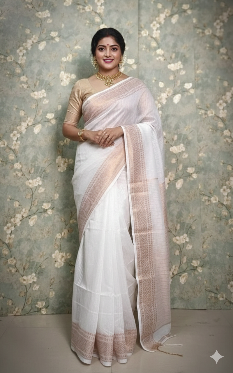 SAREEN White Mangalagiri Cotton Saree with Gold Zari Border – Timeless Elegance