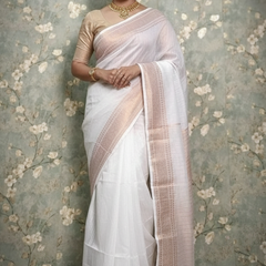 SAREEN White Mangalagiri Cotton Saree with Gold Zari Border – Timeless Elegance
