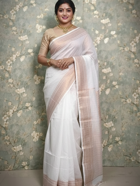 SAREEN White Mangalagiri Cotton Saree with Gold Zari Border – Timeless Elegance