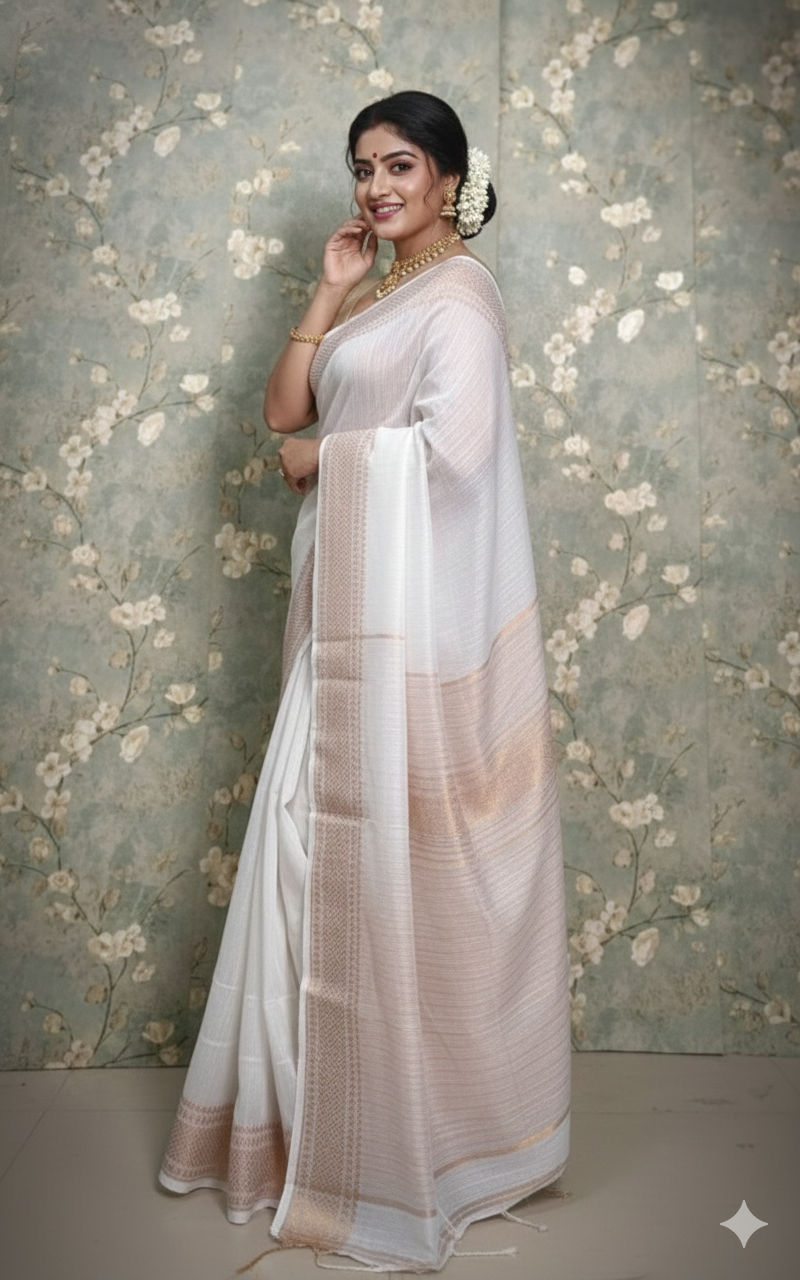 SAREEN White Mangalagiri Cotton Saree with Gold Zari Border – Timeless Elegance