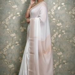 SAREEN White Mangalagiri Cotton Saree with Gold Zari Border – Timeless Elegance