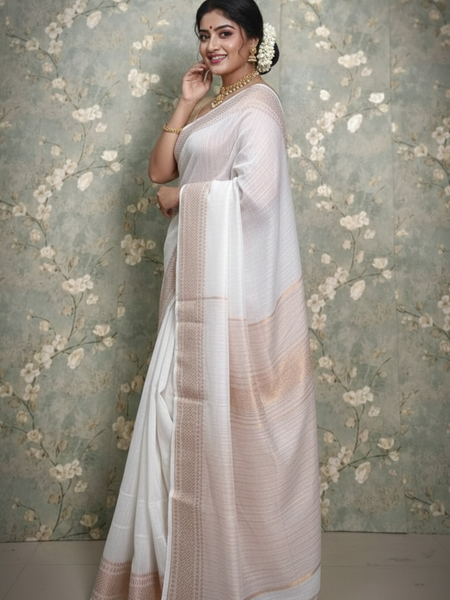 SAREEN White Mangalagiri Cotton Saree with Gold Zari Border – Timeless Elegance