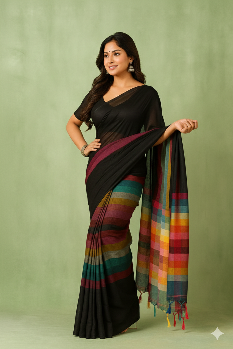 SAREEN Black Multicolor Stripe Mal Cotton Saree – Contemporary Statement Wear