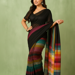SAREEN Black Multicolor Stripe Mal Cotton Saree – Contemporary Statement Wear