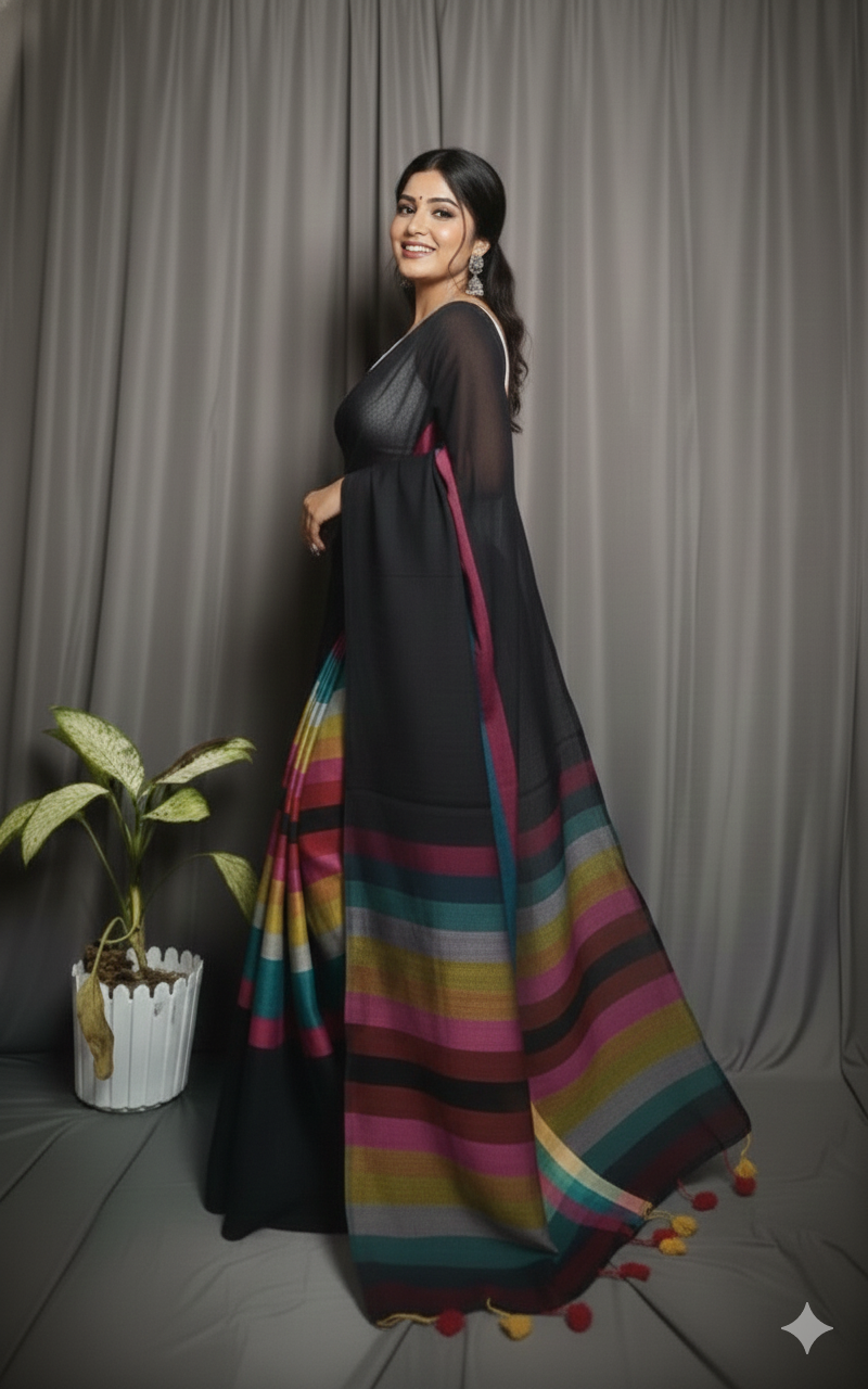SAREEN Black Multicolor Stripe Mal Cotton Saree – Contemporary Statement Wear