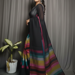 SAREEN Black Multicolor Stripe Mal Cotton Saree – Contemporary Statement Wear