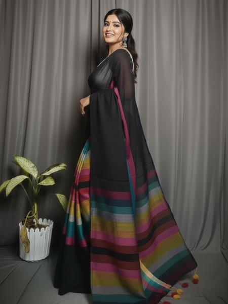 SAREEN Black Multicolor Stripe Mal Cotton Saree – Contemporary Statement Wear