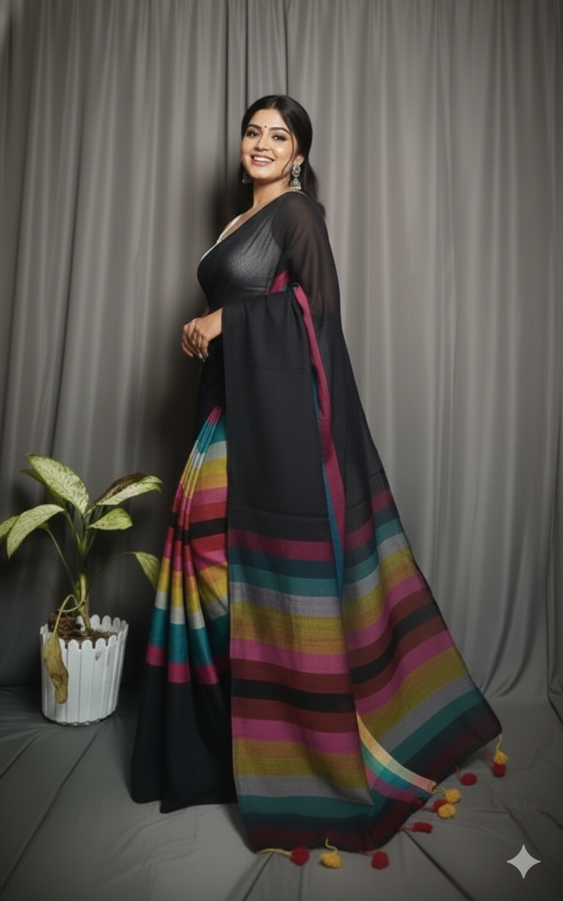 SAREEN Black Multicolor Stripe Mal Cotton Saree – Contemporary Statement Wear