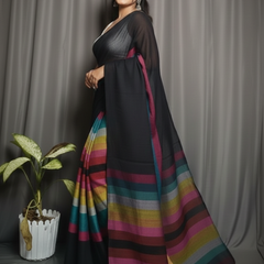 SAREEN Black Multicolor Stripe Mal Cotton Saree – Contemporary Statement Wear