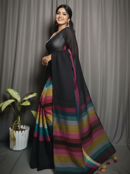 SAREEN Black Multicolor Stripe Mal Cotton Saree – Contemporary Statement Wear