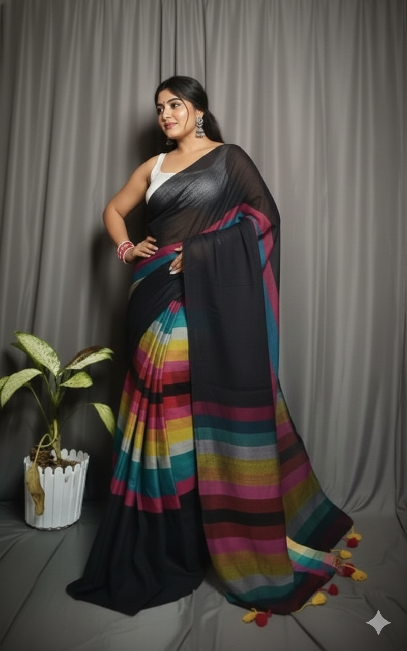 SAREEN Black Multicolor Stripe Mal Cotton Saree – Contemporary Statement Wear