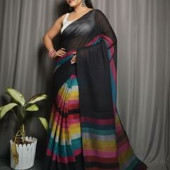 SAREEN Black Multicolor Stripe Mal Cotton Saree – Contemporary Statement Wear