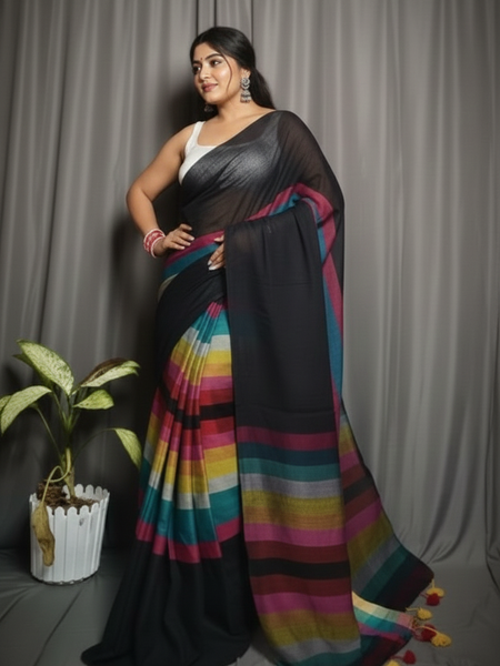 SAREEN Black Multicolor Stripe Mal Cotton Saree – Contemporary Statement Wear