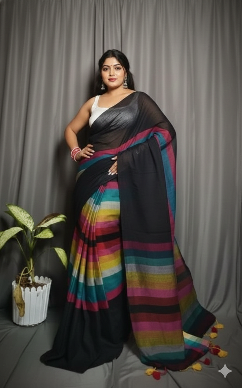SAREEN Black Multicolor Stripe Mal Cotton Saree – Contemporary Statement Wear
