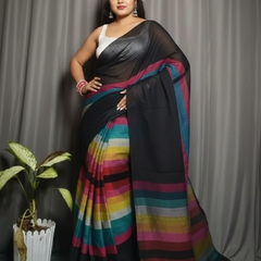 SAREEN Black Multicolor Stripe Mal Cotton Saree – Contemporary Statement Wear