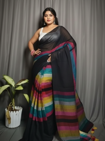 SAREEN Black Multicolor Stripe Mal Cotton Saree – Contemporary Statement Wear