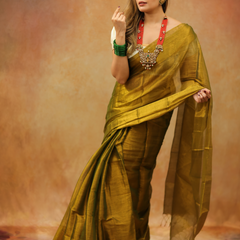 SAREEN Olive Mustard Raga Cotton Tissue Saree with Elegant Golden Sheen
