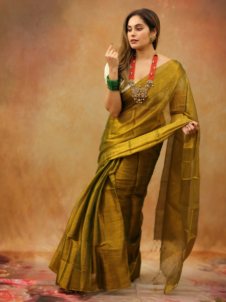 SAREEN Olive Mustard Raga Cotton Tissue Saree with Elegant Golden Sheen