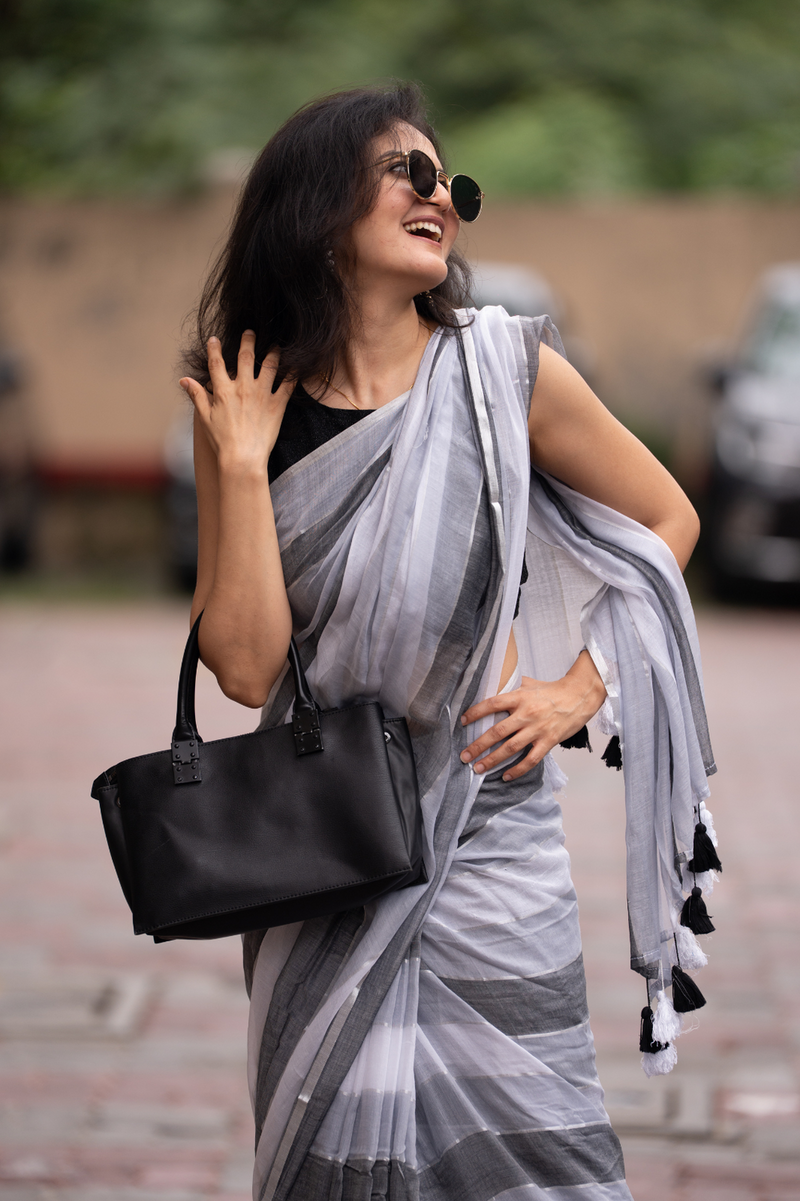 SAREEN Urban Grey Striped Mal Cotton Saree with Black & White Tassels