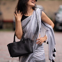 SAREEN Urban Grey Striped Mal Cotton Saree with Black & White Tassels