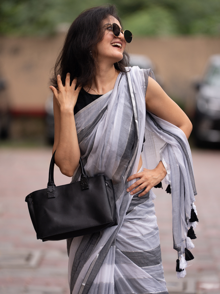 SAREEN Urban Grey Striped Mal Cotton Saree with Black & White Tassels