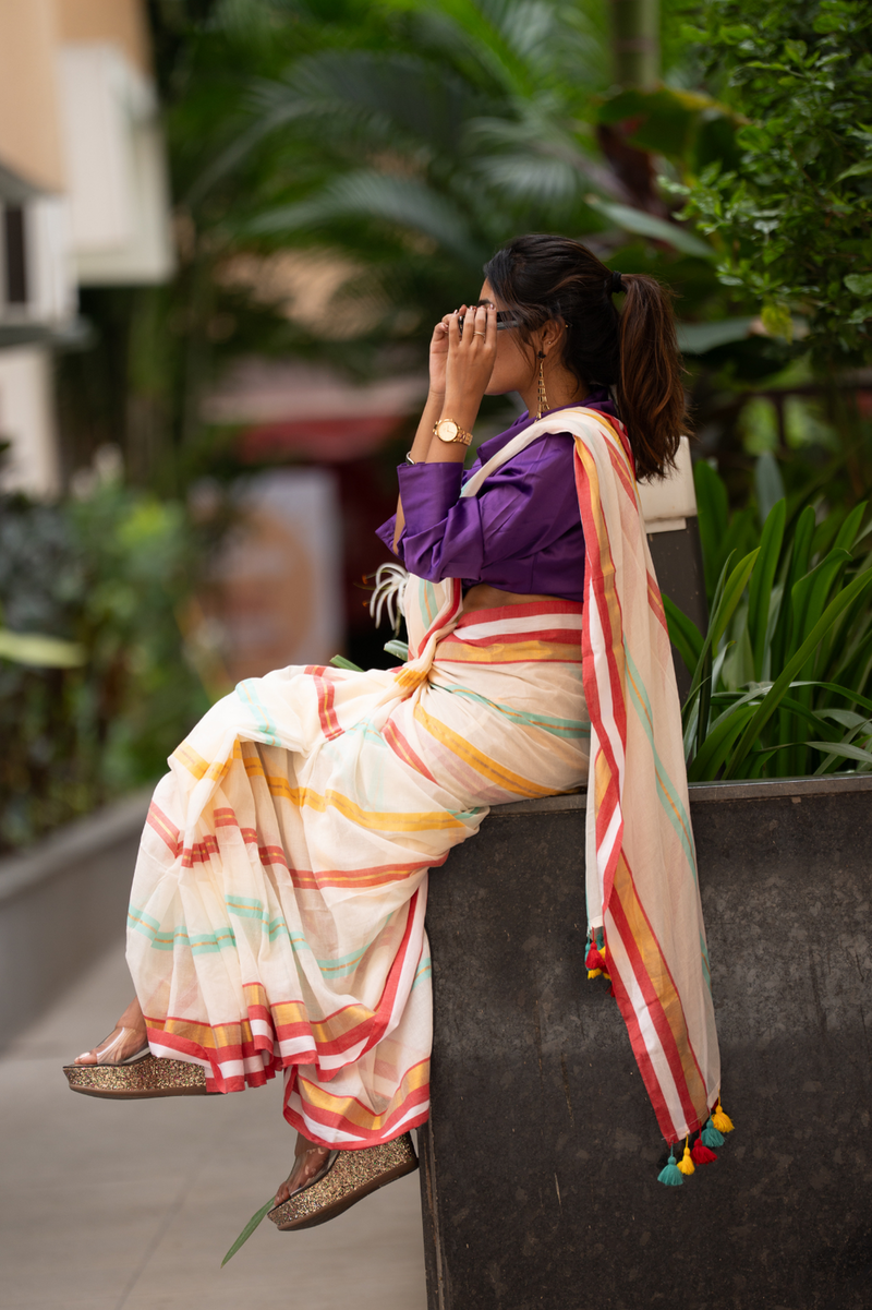 SAREEN Cream Striped Mal Cotton Saree with Multicolor Border & Tassels