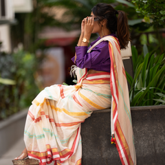 SAREEN Cream Striped Mal Cotton Saree with Multicolor Border & Tassels
