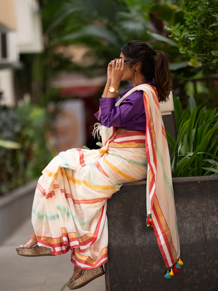 SAREEN Cream Striped Mal Cotton Saree with Multicolor Border & Tassels