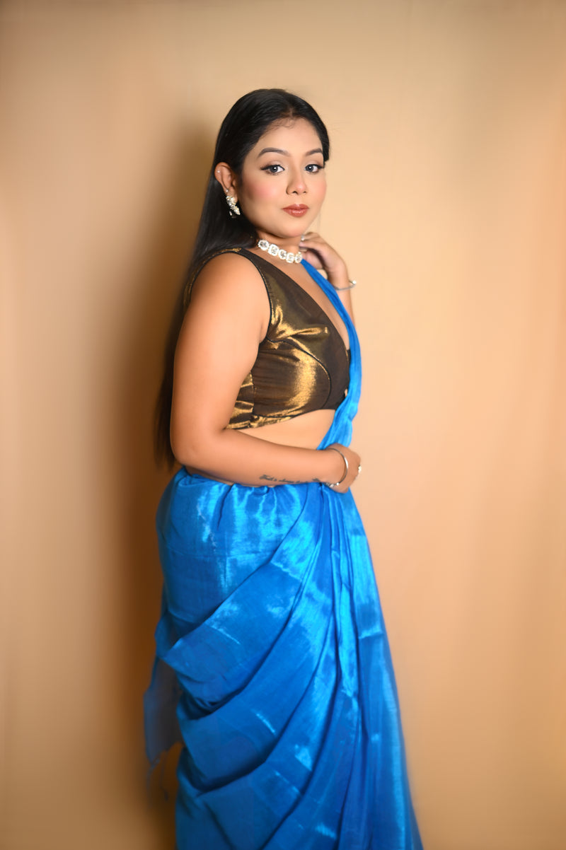 SAREEN Teal Blue Raga Tissue Saree – Premium Lightweight Festive Saree with Lustrous Finish