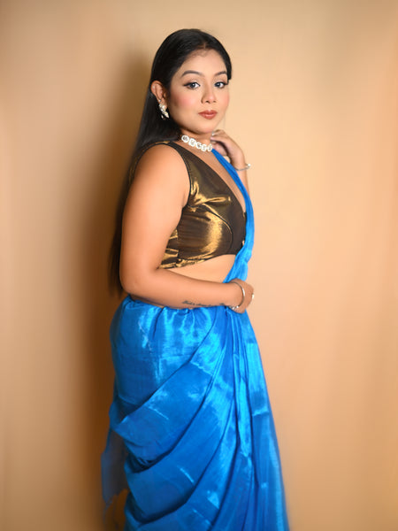 SAREEN Teal Blue Raga Tissue Saree – Premium Lightweight Festive Saree with Lustrous Finish