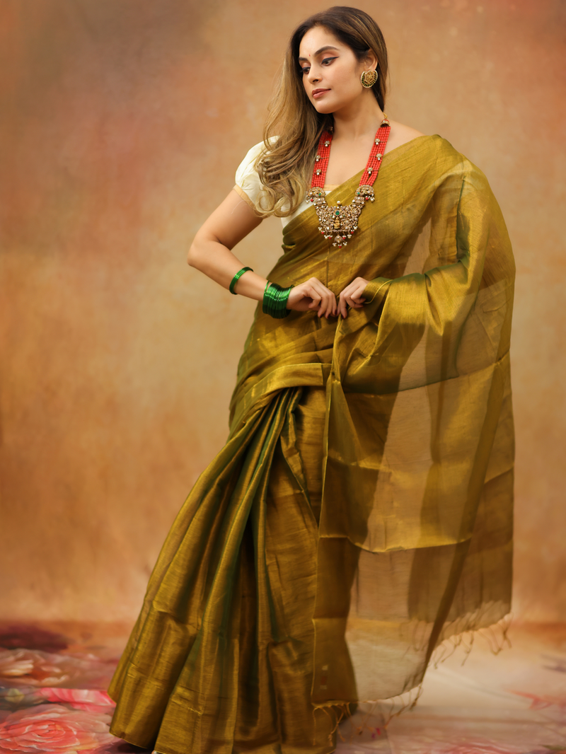 SAREEN Olive Mustard Raga Cotton Tissue Saree with Elegant Golden Sheen