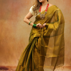 SAREEN Olive Mustard Raga Cotton Tissue Saree with Elegant Golden Sheen