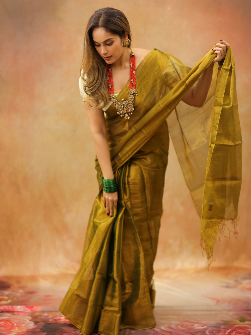 SAREEN Olive Mustard Raga Cotton Tissue Saree with Elegant Golden Sheen