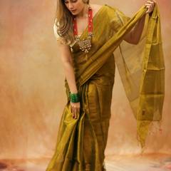 SAREEN Olive Mustard Raga Cotton Tissue Saree with Elegant Golden Sheen