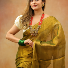 SAREEN Olive Mustard Raga Cotton Tissue Saree with Elegant Golden Sheen