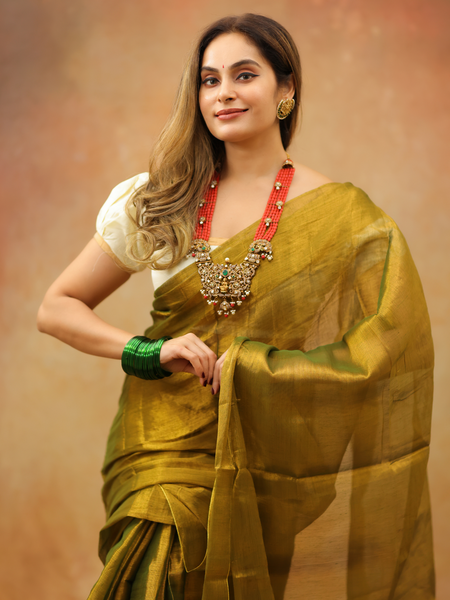 SAREEN Olive Mustard Raga Cotton Tissue Saree with Elegant Golden Sheen
