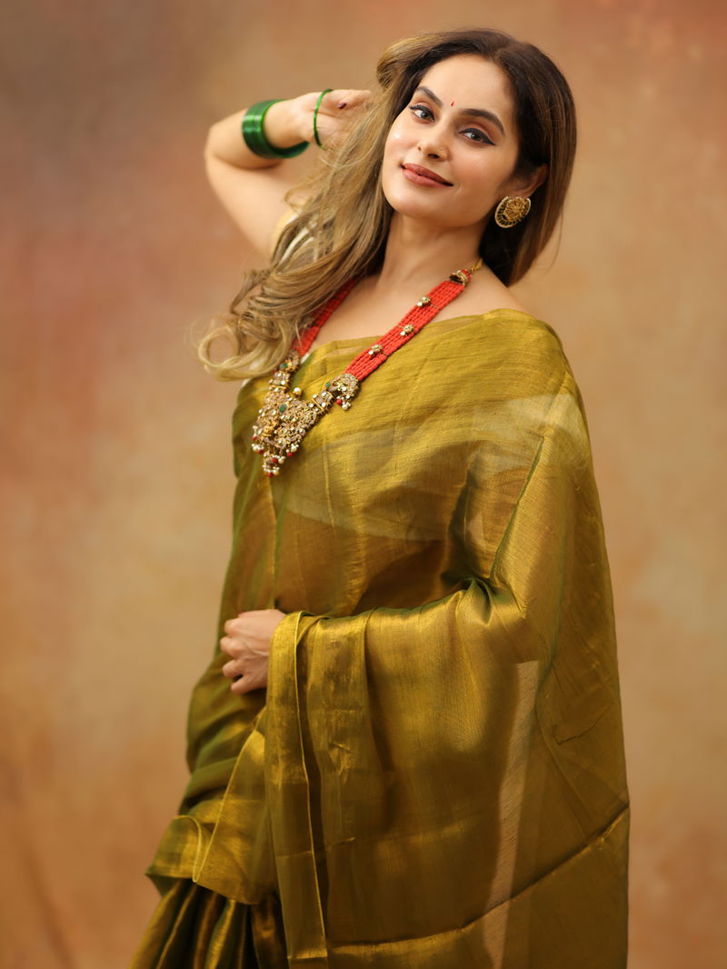 SAREEN Olive Mustard Raga Cotton Tissue Saree with Elegant Golden Sheen
