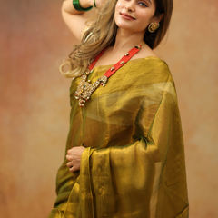 SAREEN Olive Mustard Raga Cotton Tissue Saree with Elegant Golden Sheen