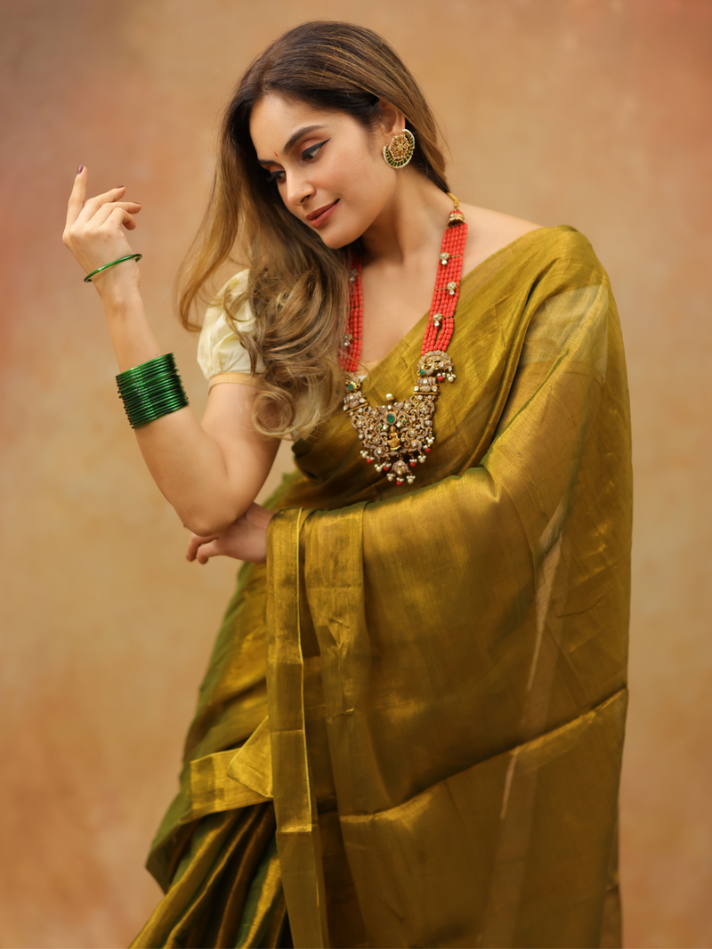 SAREEN Olive Mustard Raga Cotton Tissue Saree with Elegant Golden Sheen
