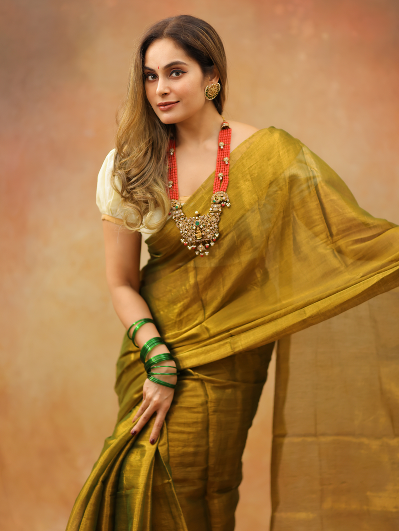 SAREEN Olive Mustard Raga Cotton Tissue Saree with Elegant Golden Sheen
