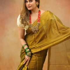 SAREEN Olive Mustard Raga Cotton Tissue Saree with Elegant Golden Sheen