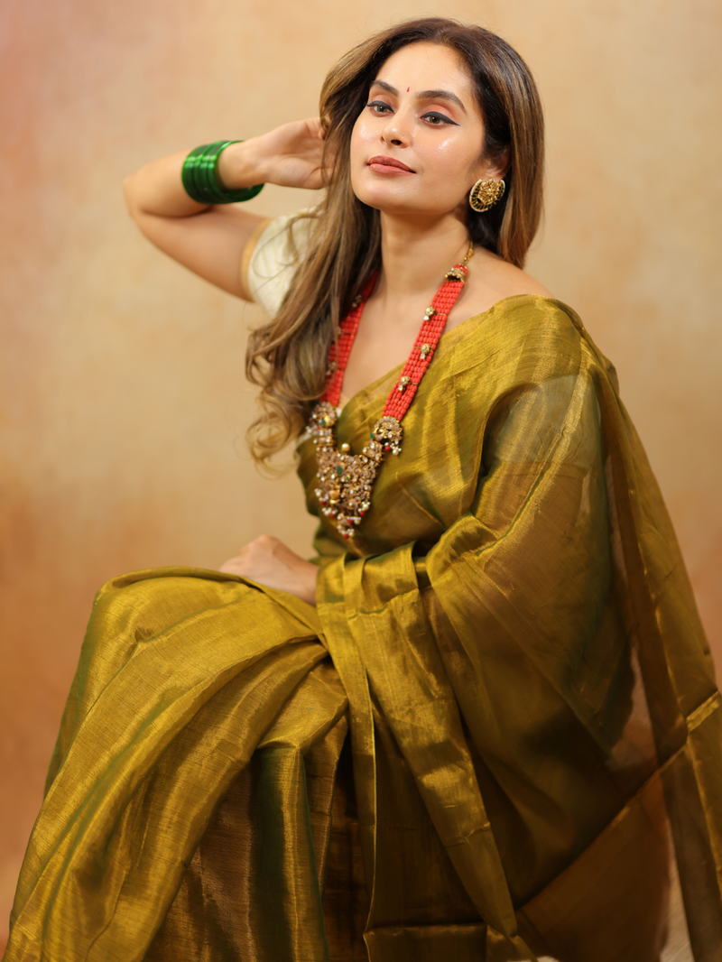 SAREEN Olive Mustard Raga Cotton Tissue Saree with Elegant Golden Sheen