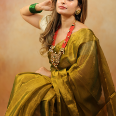 SAREEN Olive Mustard Raga Cotton Tissue Saree with Elegant Golden Sheen