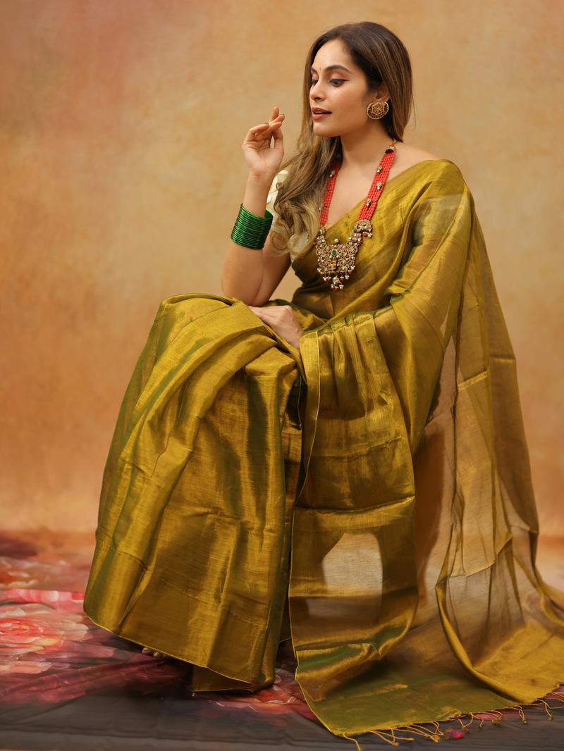 SAREEN Olive Mustard Raga Cotton Tissue Saree with Elegant Golden Sheen