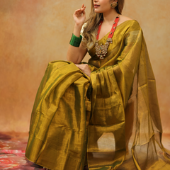 SAREEN Olive Mustard Raga Cotton Tissue Saree with Elegant Golden Sheen