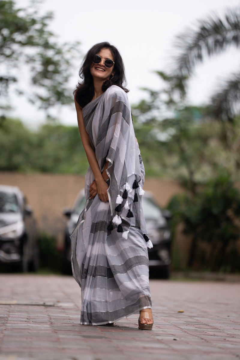 SAREEN Urban Grey Striped Mal Cotton Saree with Black & White Tassels