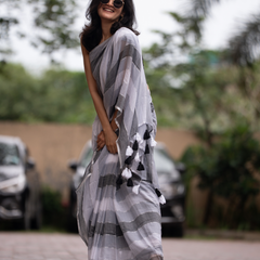 SAREEN Urban Grey Striped Mal Cotton Saree with Black & White Tassels